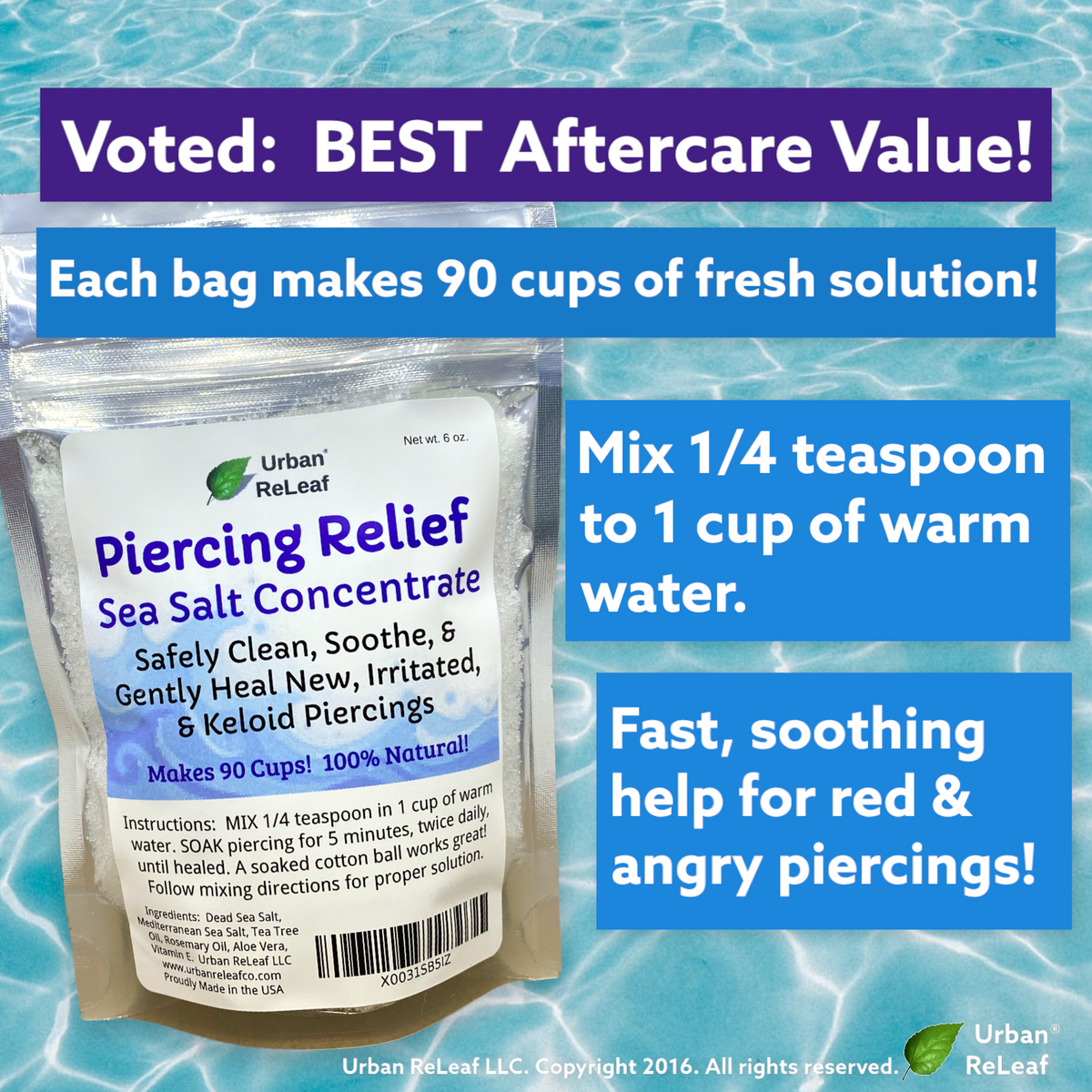 Urban ReLeaf Set of 2 Piercing Solution Healing Sea Salts Tea Tree  AFTERCARE 4 oz Ready to use. Safely Clean Heal New Stretched Piercings.  Gentle Effective Natural Soothing. 2 Bottles